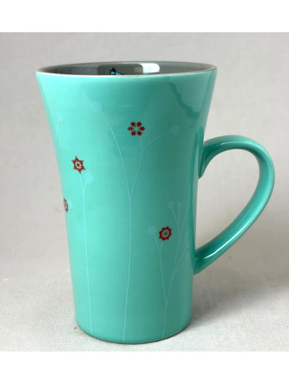 Caribou Coffee Tall Latte Mug Seafoam Teal Grey Snowflake Floral Ceramic Cup 16o